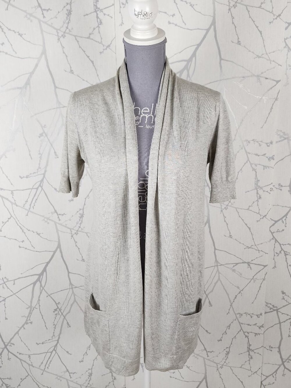 Theory Silver Cotton Cashmere Knit Open Front Short Sleeve Cardigan
